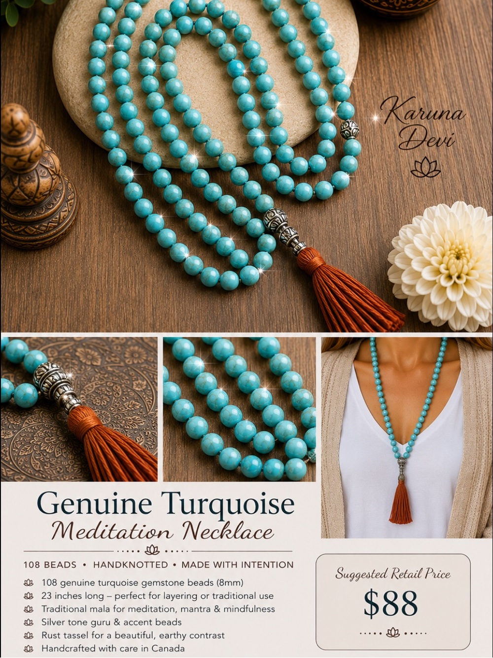 Turquoise Genuine Stone, Meditation Necklace with Rust Tassel